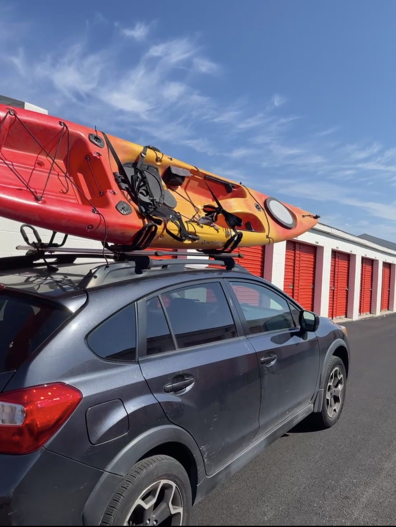 Kayak mounted on a Subaru Crosstrek roof rack