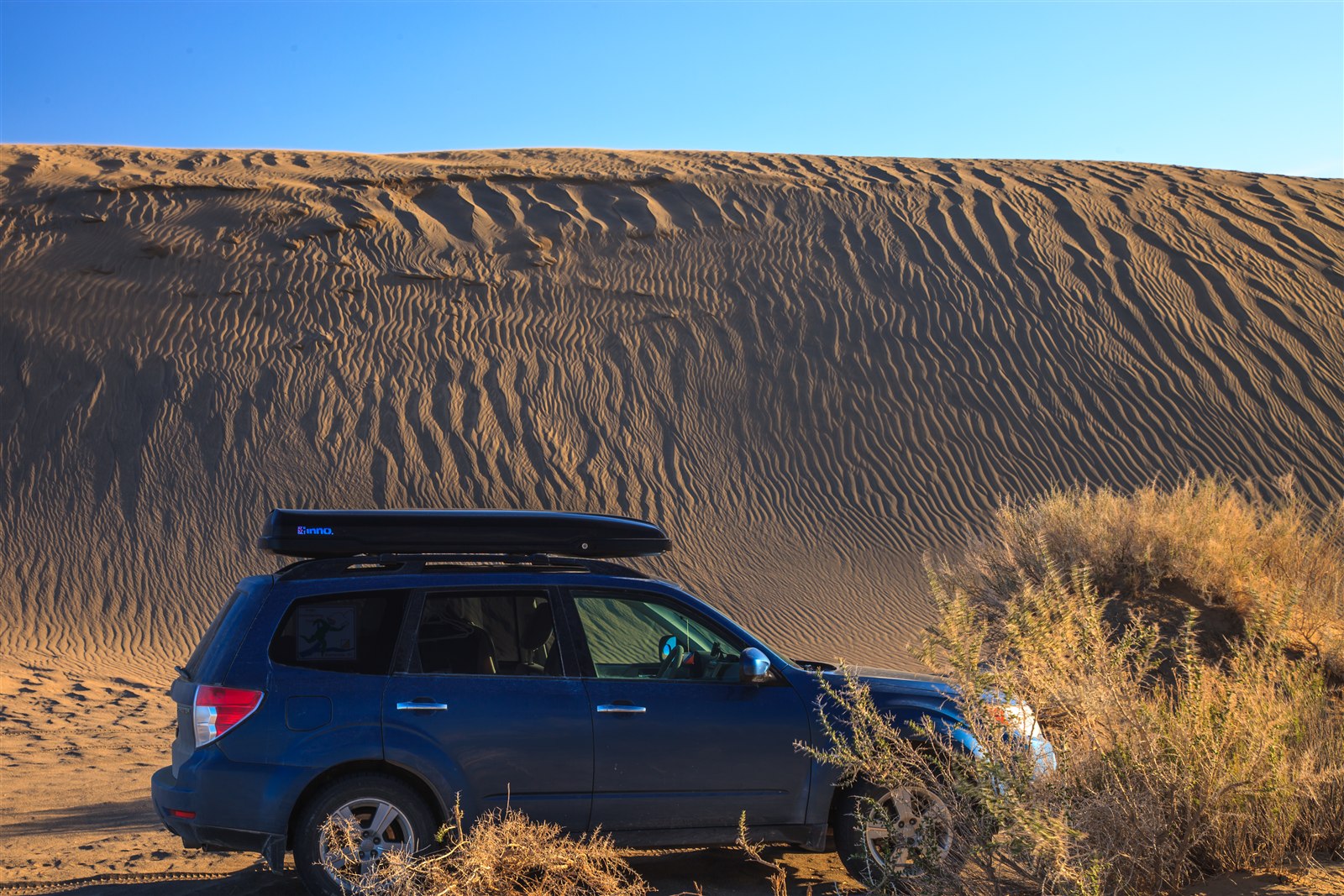 Subaru Forester with a roof cargo box parked at desert sand dunes