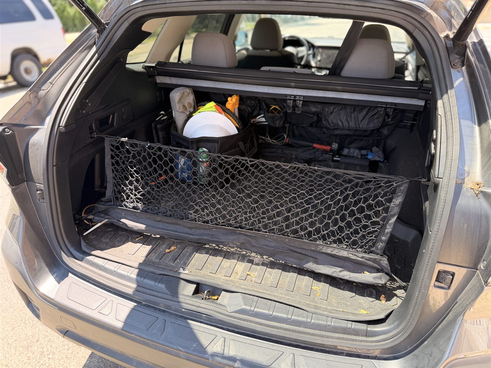 Cargo net deployed in Subaru Outback trunk